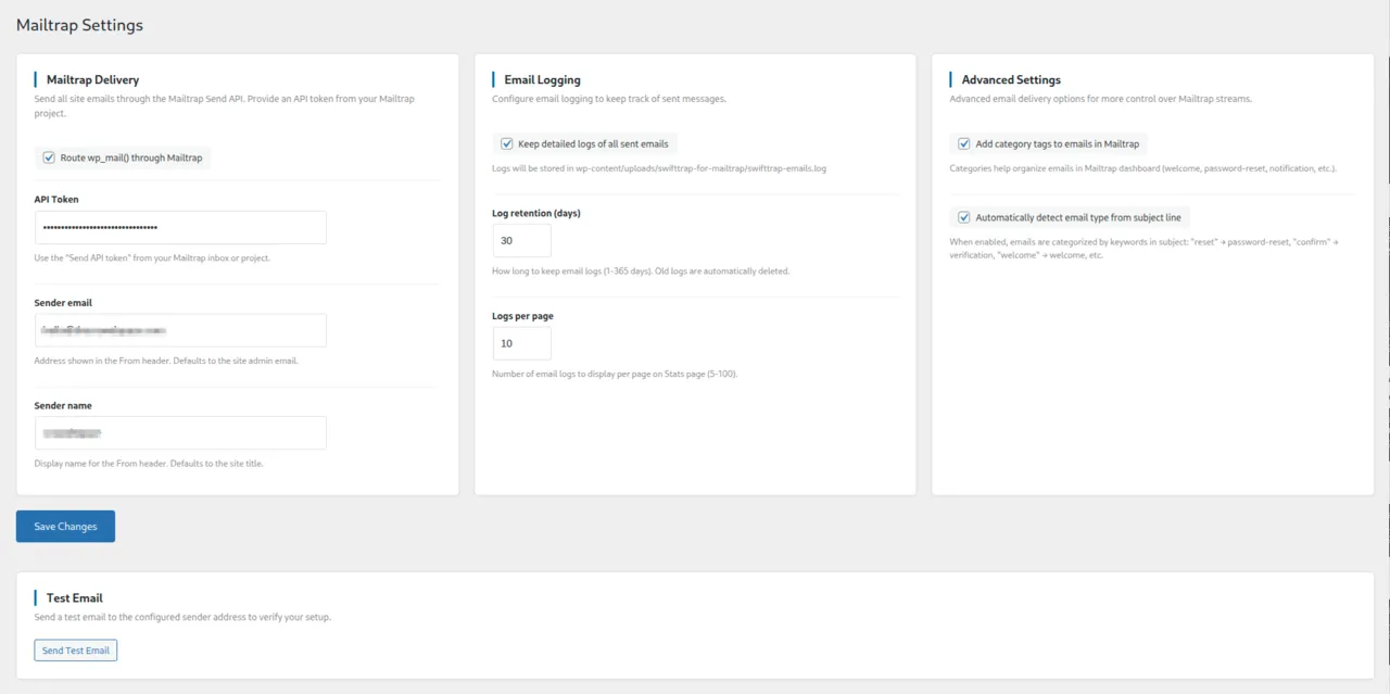 Settings page — API token, verified sender, stream routing, email logging, advanced category options.