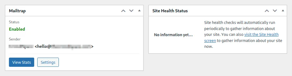 WordPress dashboard widget showing integration status, sender, and quick links to Stats and Settings.