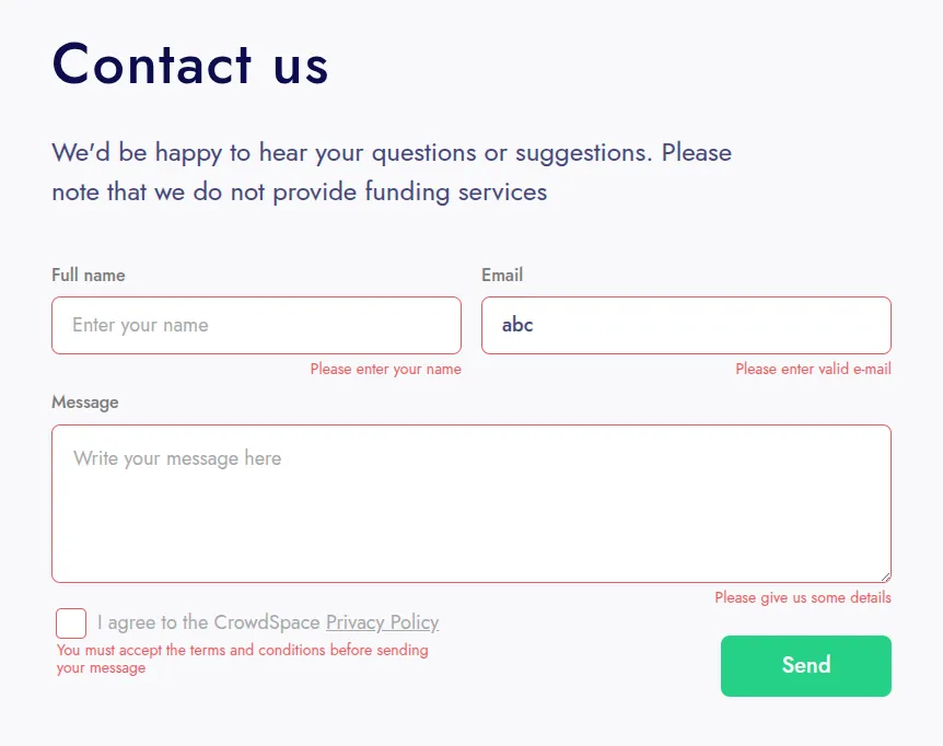 Invalid-format message for an email field rendered on the frontend.